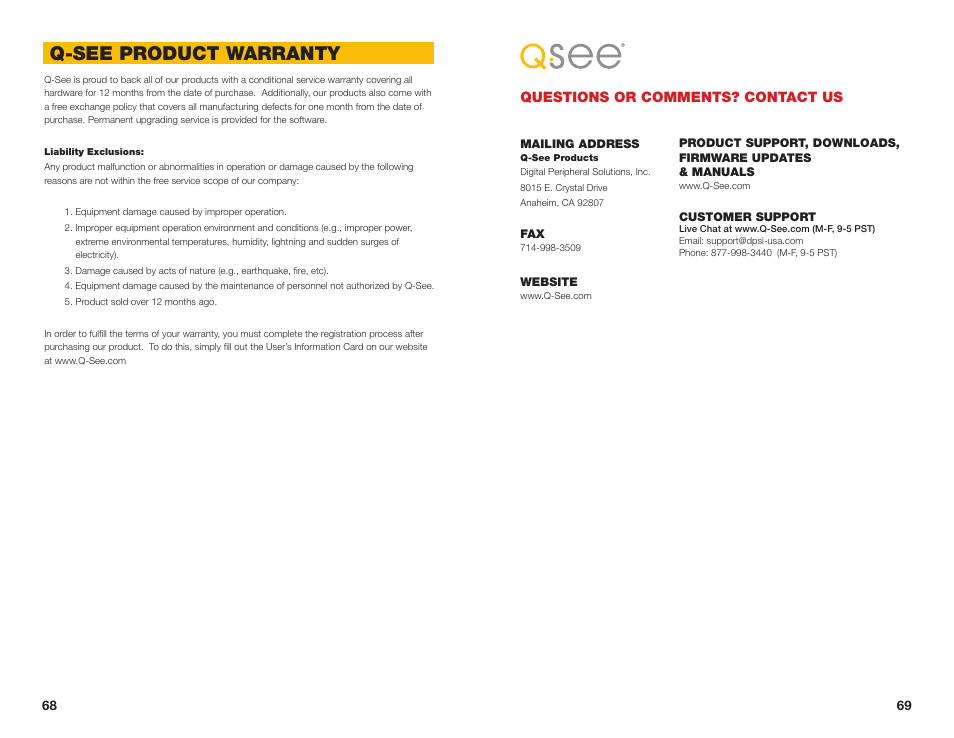 Questions or comments? contact us, Q-see product warranty | Q-See MODEL QC40196 User Manual | Page 35 / 36