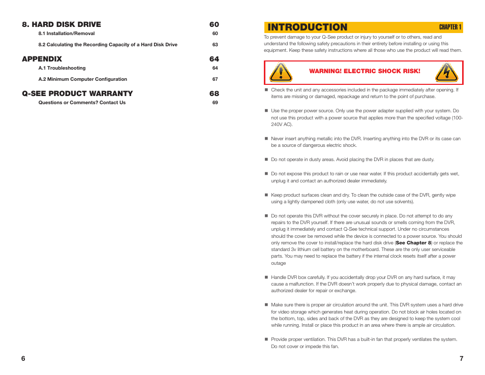Introduction, Hard disk drive 60, Appendix 64 | Q-see product warranty 68, Chapter 1 | Q-See MODEL QC40196 User Manual | Page 4 / 36