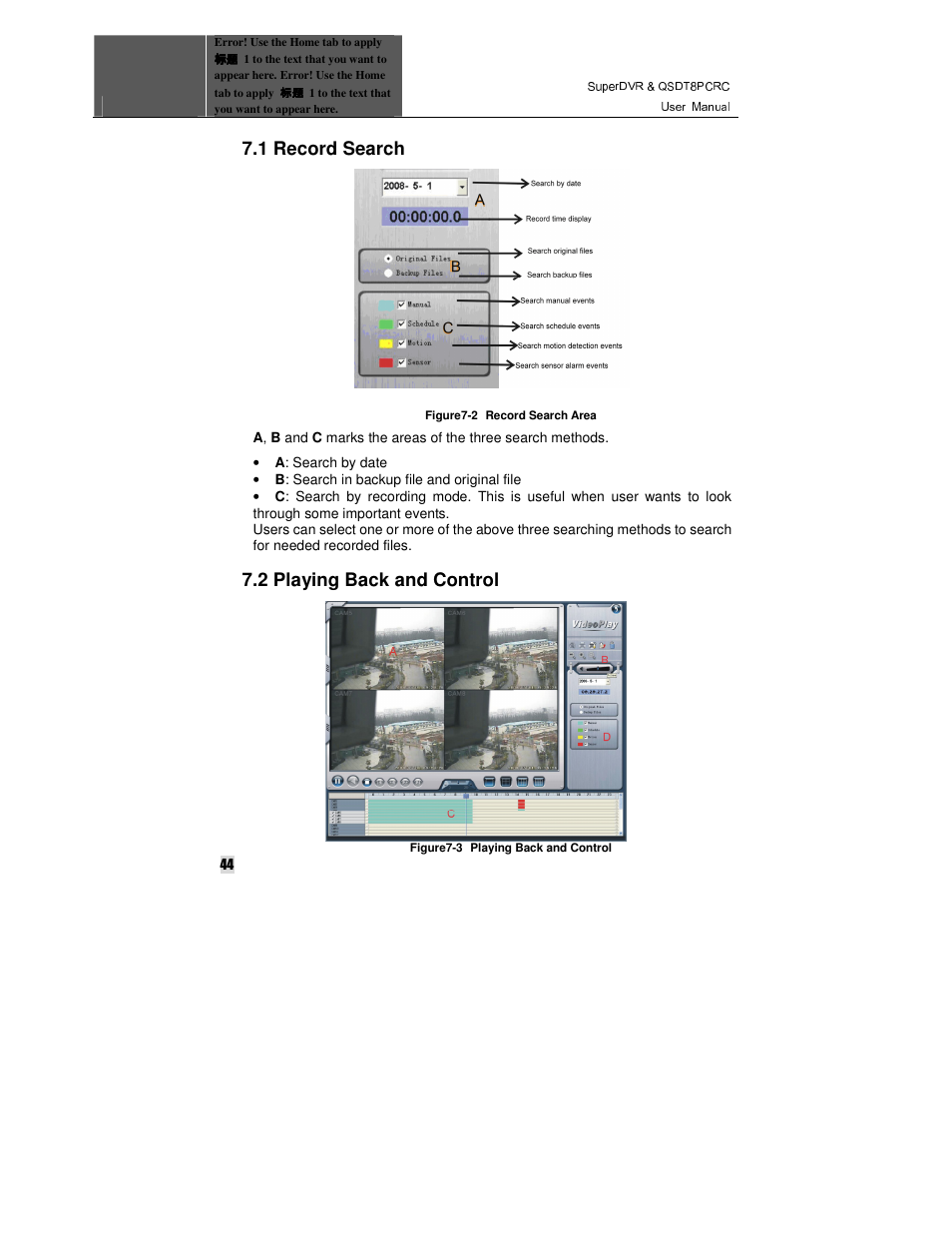 1 record search, 2 playing back and control | Q-See QSDT8PCRC User Manual | Page 44 / 104