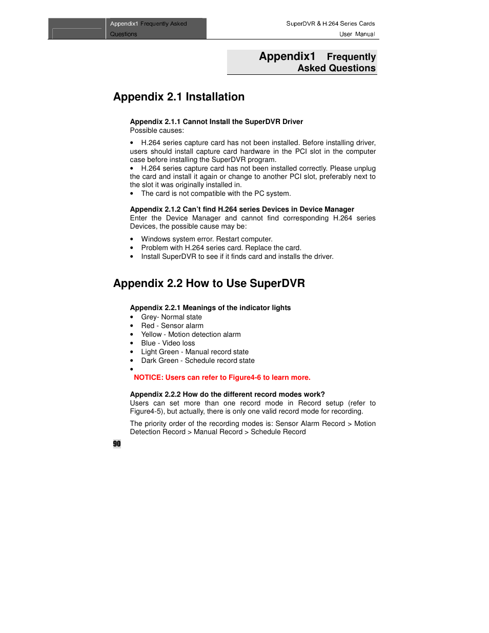 Appendix1, Appendix 2.1 installation, Appendix 2.2 how to use superdvr | Frequently asked questions | Q-See QSDT8PCRC User Manual | Page 90 / 104
