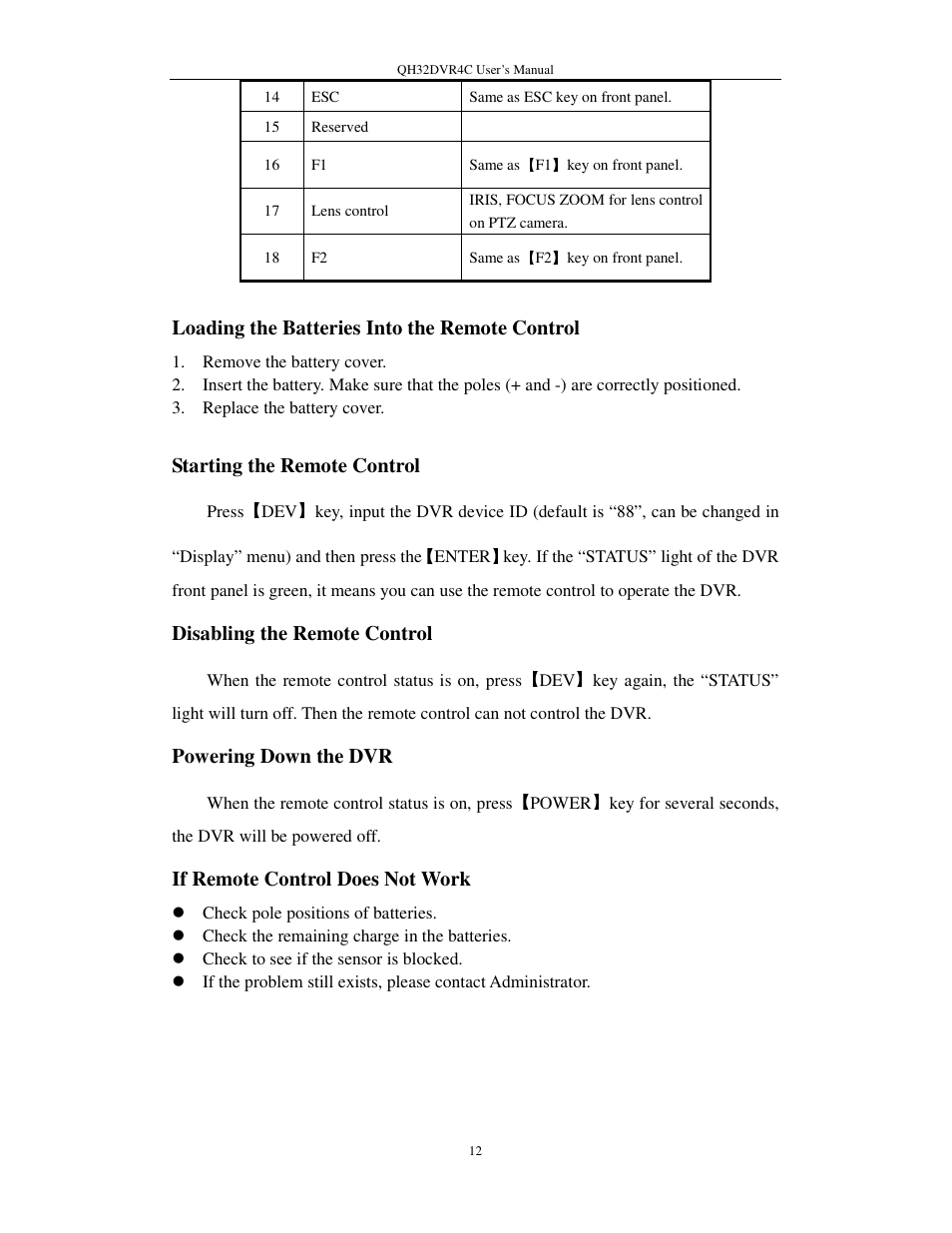 Loading the batteries into the remote control, Starting the remote control, Disabling the remote control | Powering down the dvr, If remote control does not work | Q-See QSC26404 QH32DVR4C User Manual | Page 12 / 90