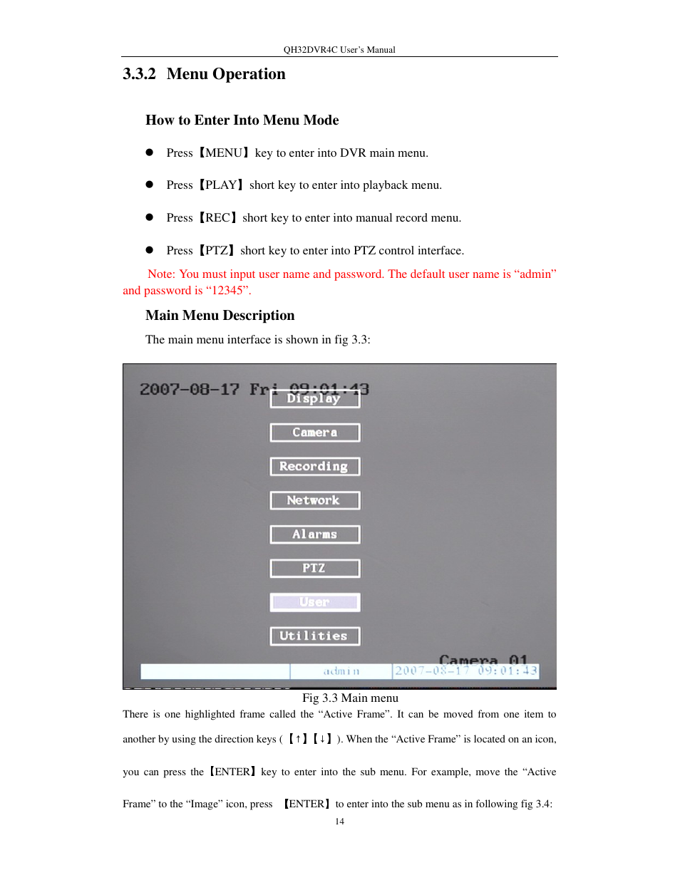 2 menu operation, How to enter into menu mode, Main menu description | Q-See QSC26404 QH32DVR4C User Manual | Page 14 / 90