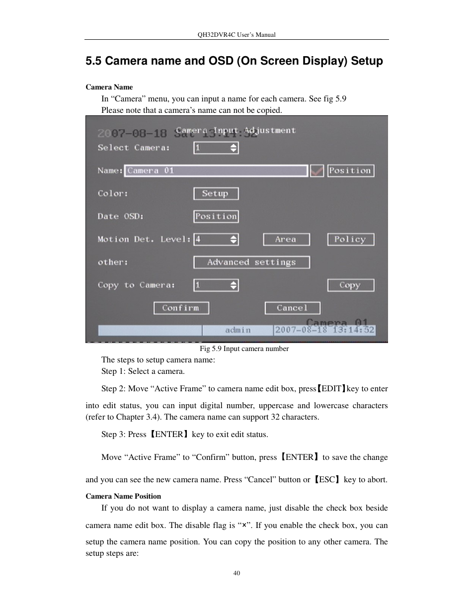 5 camera name and osd (on screen display) setup | Q-See QSC26404 QH32DVR4C User Manual | Page 40 / 90