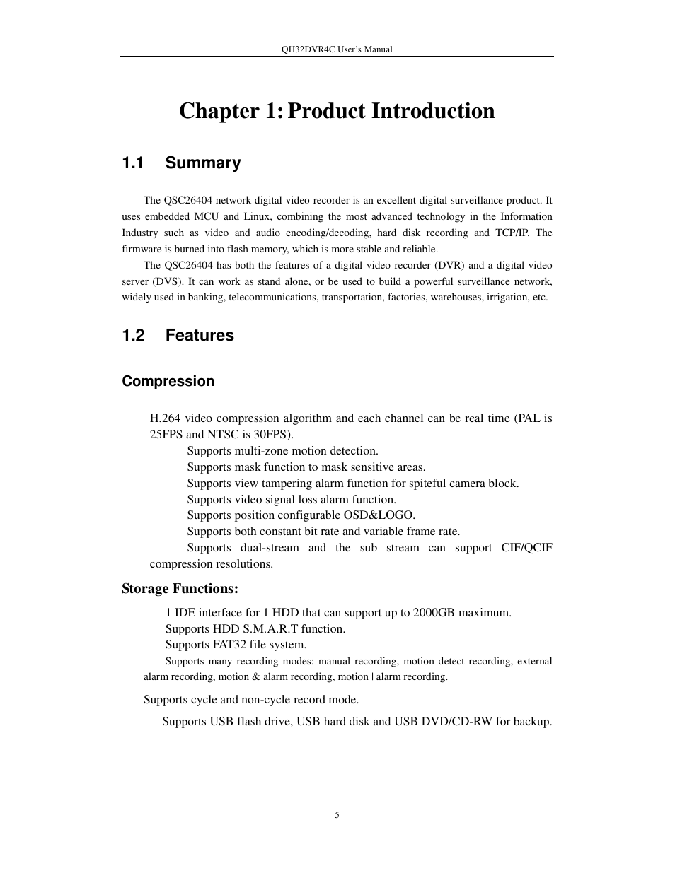 Chapter 1: product introduction, 1 summary, 2 features | Q-See QSC26404 QH32DVR4C User Manual | Page 5 / 90