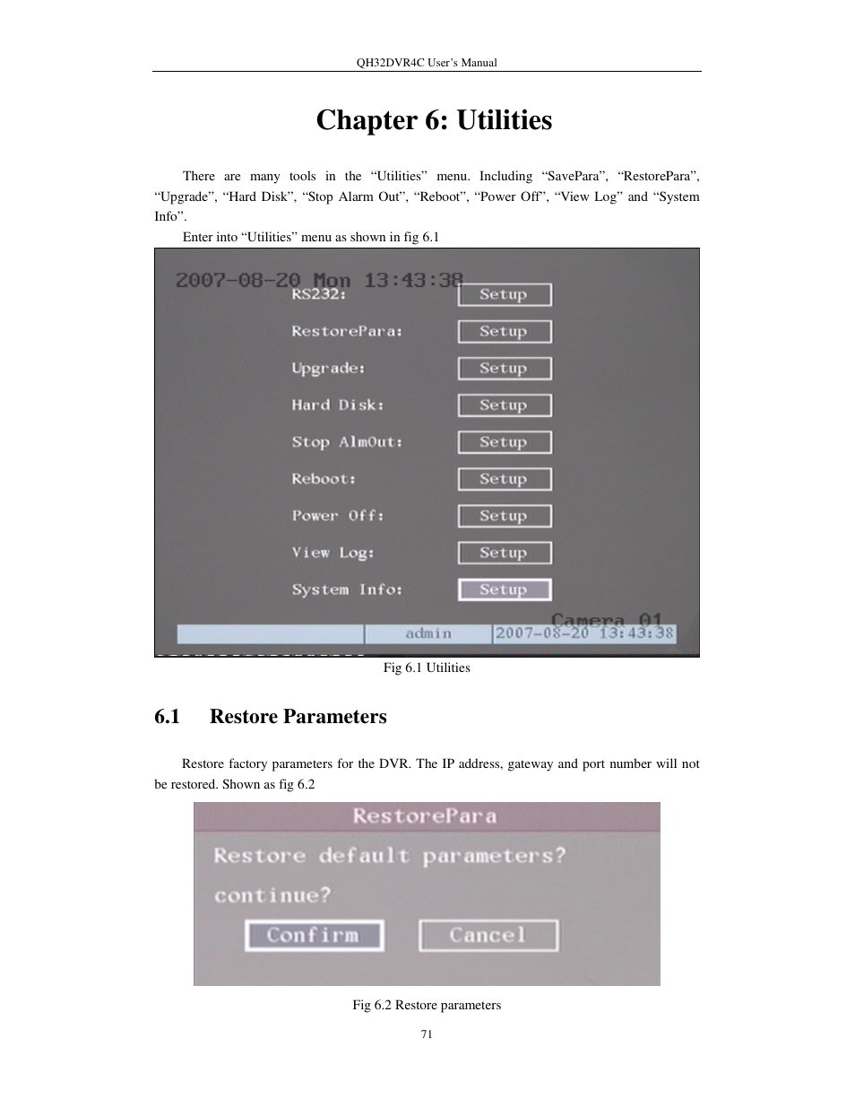 Chapter 6: utilities, 1 restore parameters | Q-See QSC26404 QH32DVR4C User Manual | Page 71 / 90