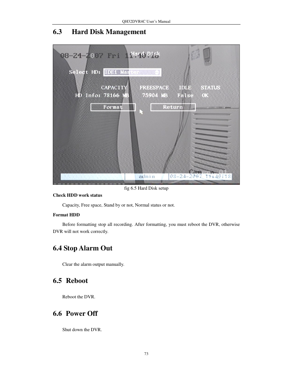 3 hard disk management, 4 stop alarm out, 5 reboot | 6 power off | Q-See QSC26404 QH32DVR4C User Manual | Page 73 / 90