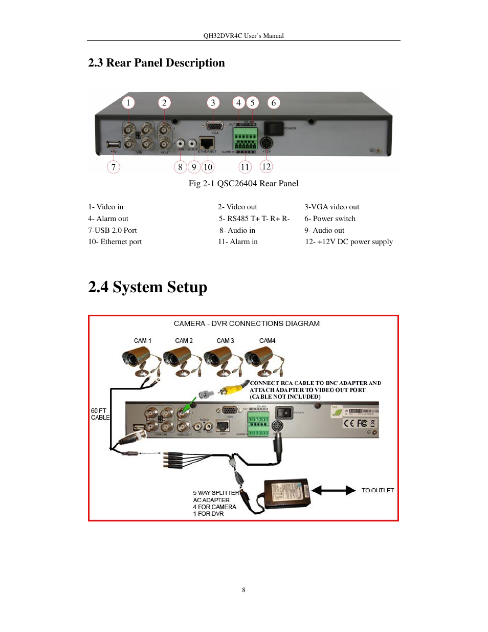 4 system setup, 3 rear panel description | Q-See QSC26404 QH32DVR4C User Manual | Page 8 / 90