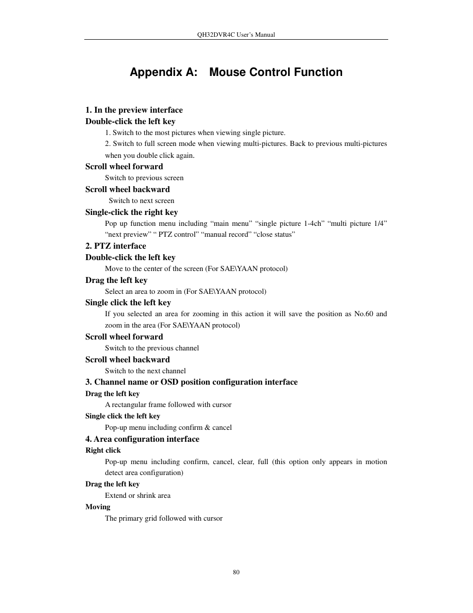 Appendix a: mouse control function | Q-See QSC26404 QH32DVR4C User Manual | Page 80 / 90