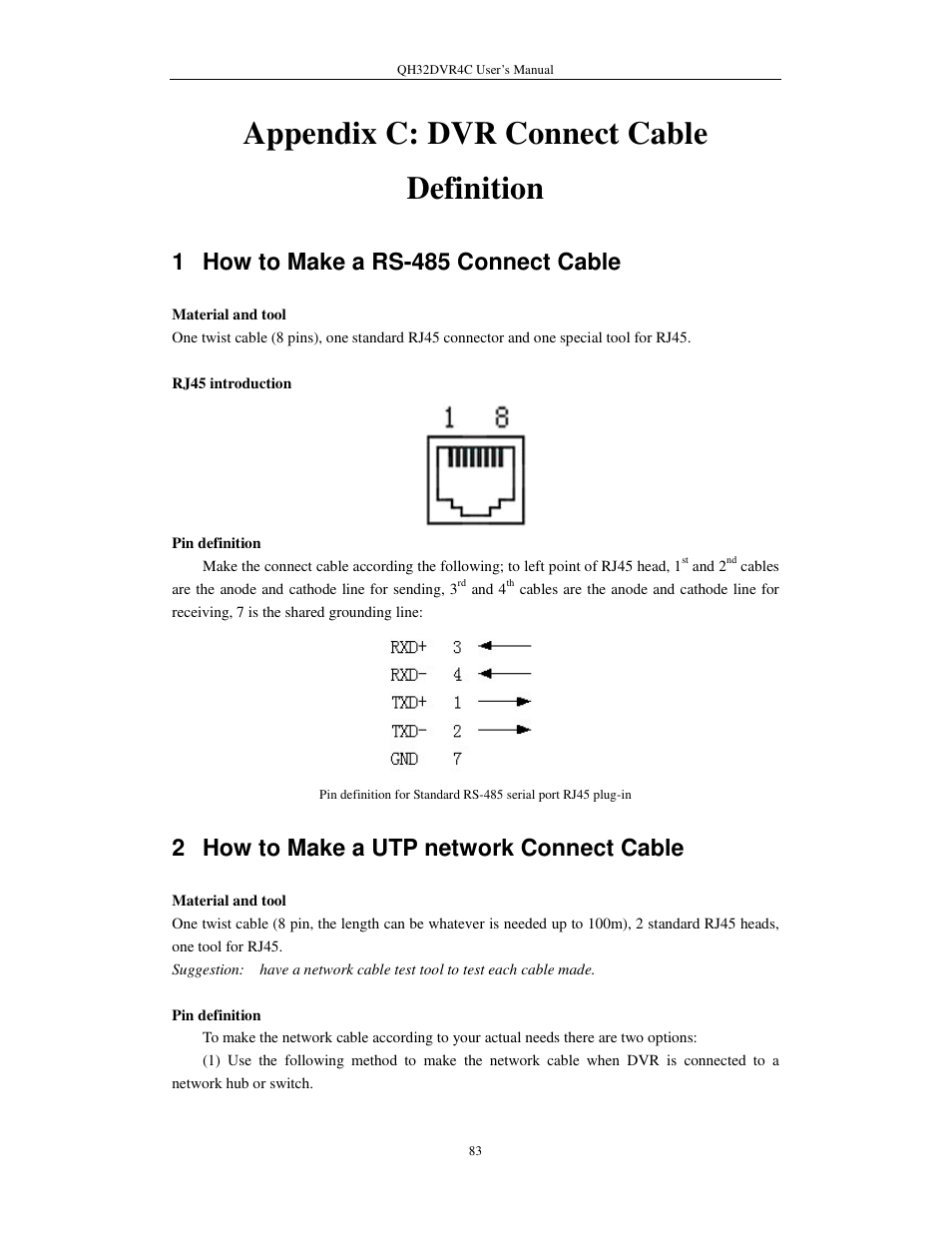 Appendix c: dvr connect cable definition, 1 how to make a rs-485 connect cable, 2 how to make a utp network connect cable | Q-See QSC26404 QH32DVR4C User Manual | Page 83 / 90