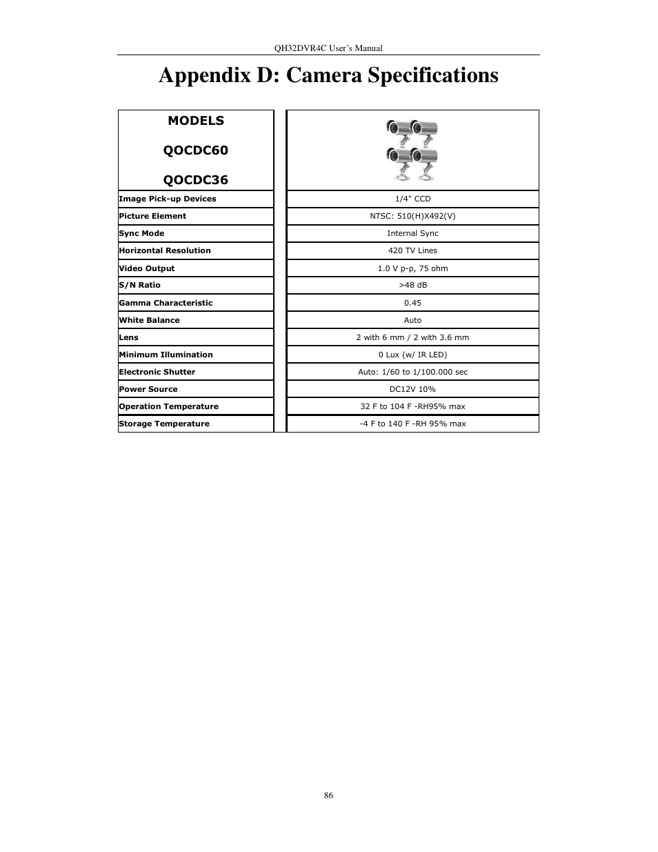 Appendix d: camera specifications | Q-See QSC26404 QH32DVR4C User Manual | Page 86 / 90