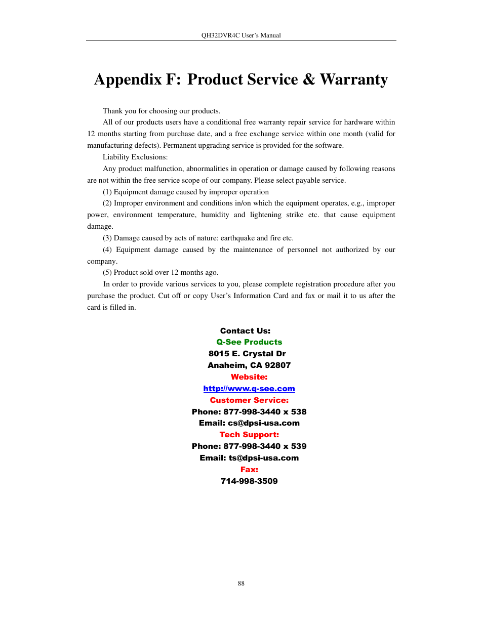 Appendix f: product service & warranty | Q-See QSC26404 QH32DVR4C User Manual | Page 88 / 90