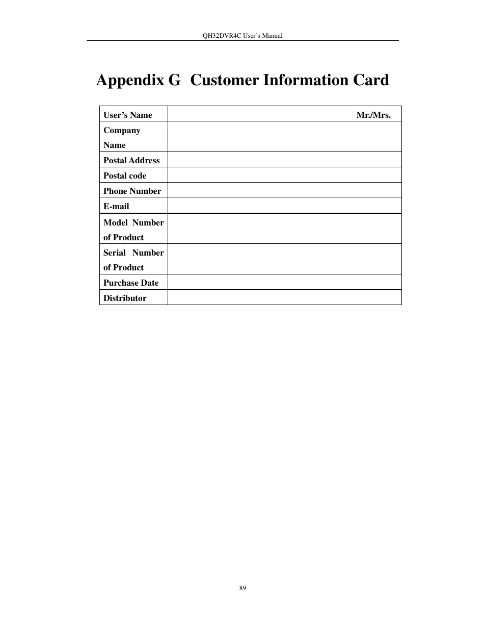 Appendix g customer information card | Q-See QSC26404 QH32DVR4C User Manual | Page 89 / 90