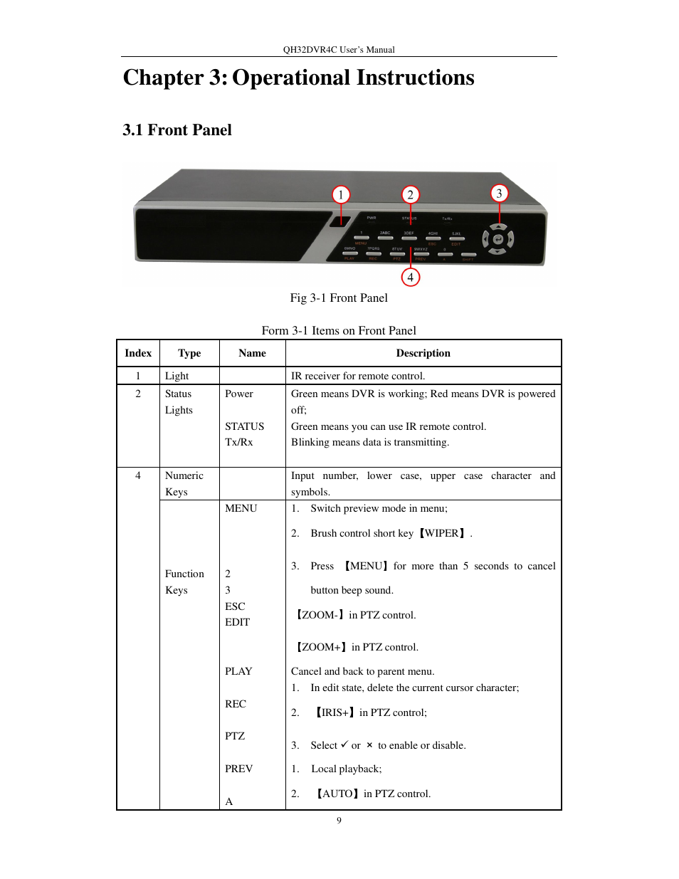 Chapter 3: operational instructions, 1 front panel | Q-See QSC26404 QH32DVR4C User Manual | Page 9 / 90