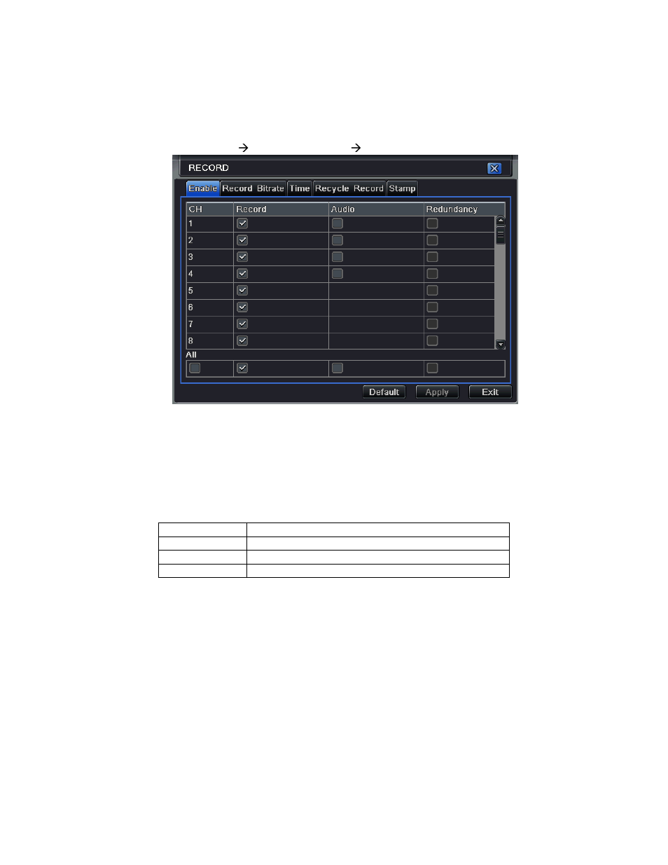 3 record configuration, 1 enable, Step 2: checkmark record, audio and record time | Definitions and descriptions of record, Parameter, Meaning, Record, Switch record on or off, Audio, Enable live audio recording | Q-See QT528 User Manual | Page 22 / 98