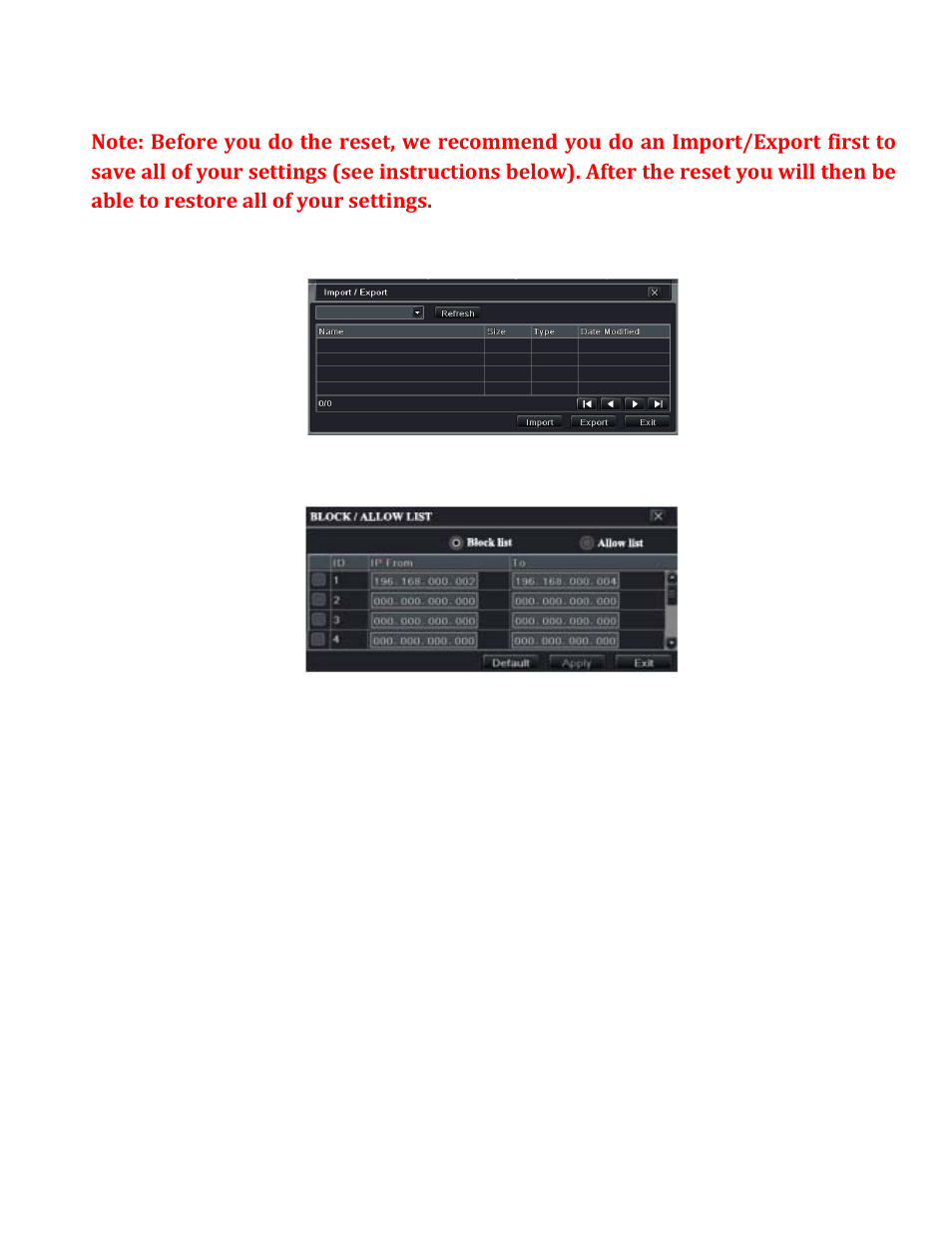 91 reset, 2 import/export, 3 block/allow list | 1 reset, Import/export, Block/allow list | Q-See QT528 User Manual | Page 43 / 98