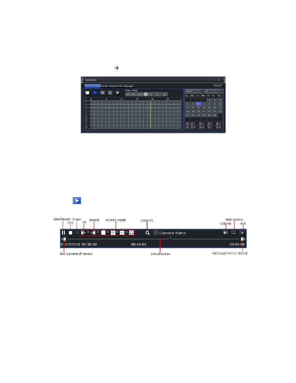 Record, search, playback and backup, 1 time search | Q-See QT528 User Manual | Page 44 / 98