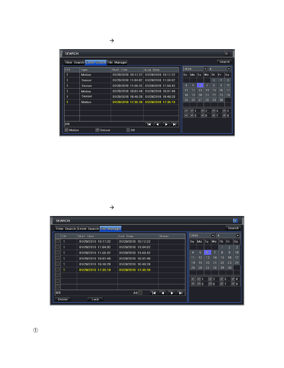 2 event search, 3 file manager | Q-See QT528 User Manual | Page 45 / 98