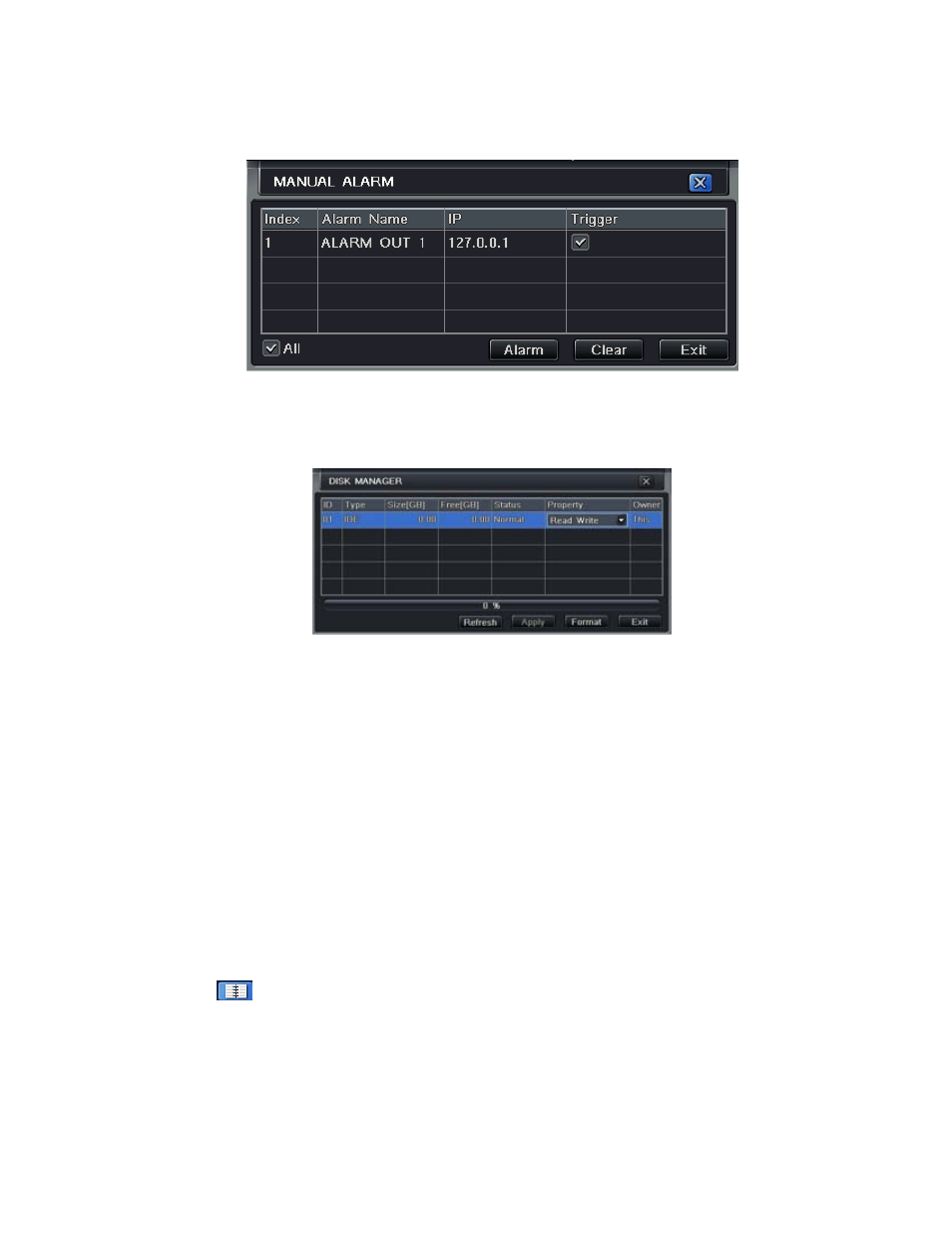 2 manual alarm, 3 disk manager, 3 upgrade | 4 logoff, Manual alarm, Disk manager, Upgrade, Logoff | Q-See QT528 User Manual | Page 49 / 98