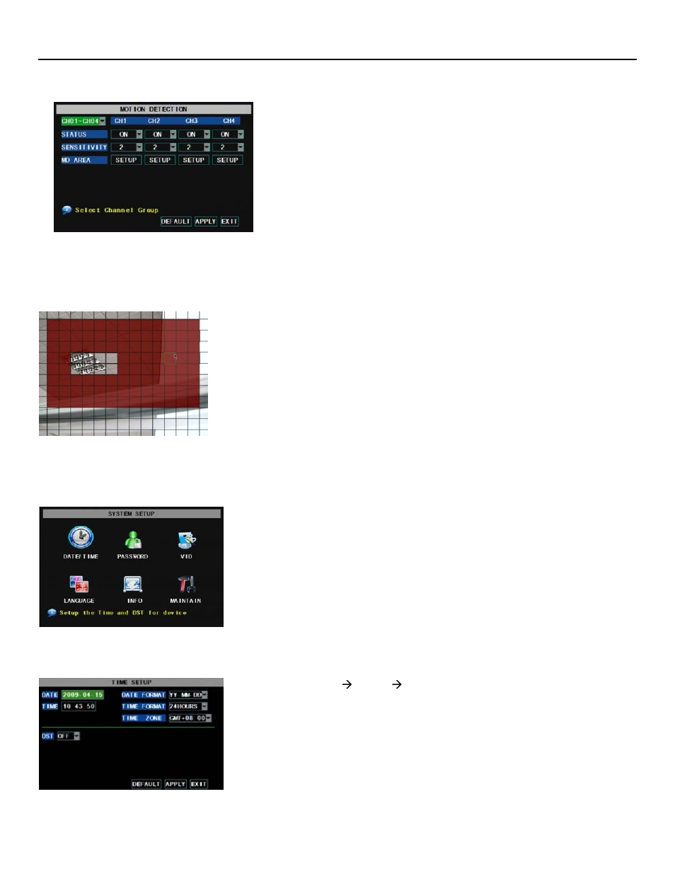 Motion detect, System function, Time set | Qr404 user manual | Q-See QR404 User Manual | Page 31 / 46