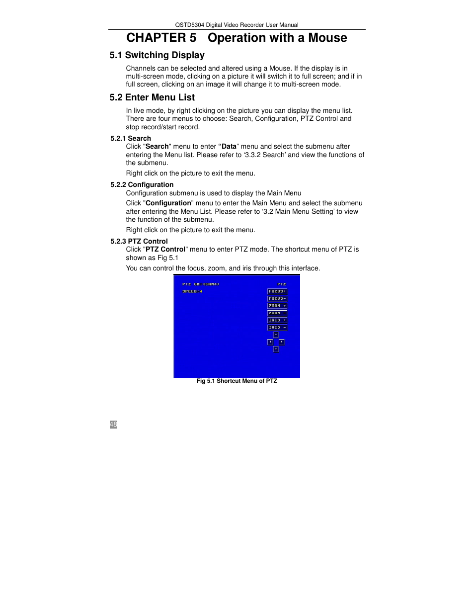 Chapter 5 operation with a mouse, 1 switching display, 2 enter menu list | Q-See QSTD5304 User Manual | Page 48 / 61