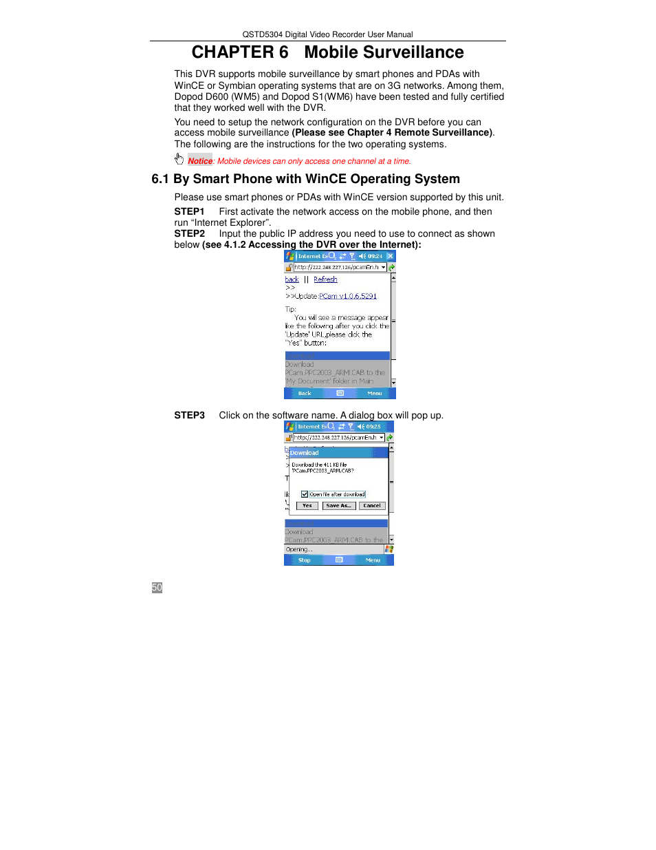 Chapter 6 mobile surveillance, 1 by smart phone with wince operating system | Q-See QSTD5304 User Manual | Page 50 / 61