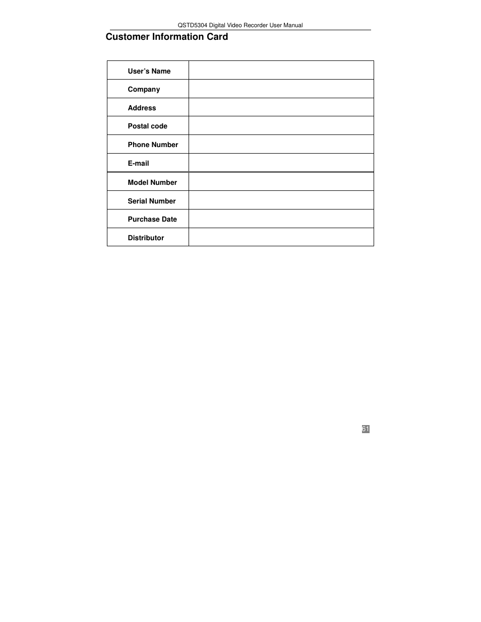 Customer information card | Q-See QSTD5304 User Manual | Page 61 / 61