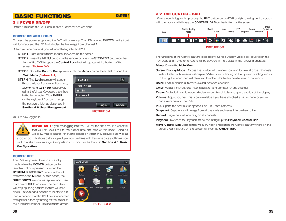 2 the control bar, 1 power on/off, Power on and login | Power off, Basic functions, Chapter 3 | Q-See QSEE H264 User Manual | Page 20 / 49