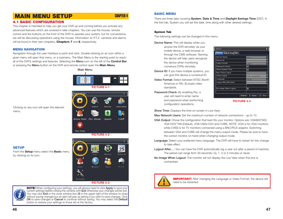 1 basic configuration, Menu navigation, Setup | Main menu setup, Chapter 4 | Q-See QSEE H264 User Manual | Page 24 / 49