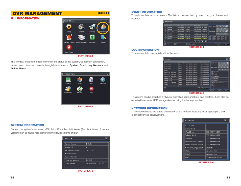 1 information, Event information, Log information | Network information, Dvr management, Chapter 6 | Q-See QSEE H264 User Manual | Page 34 / 49