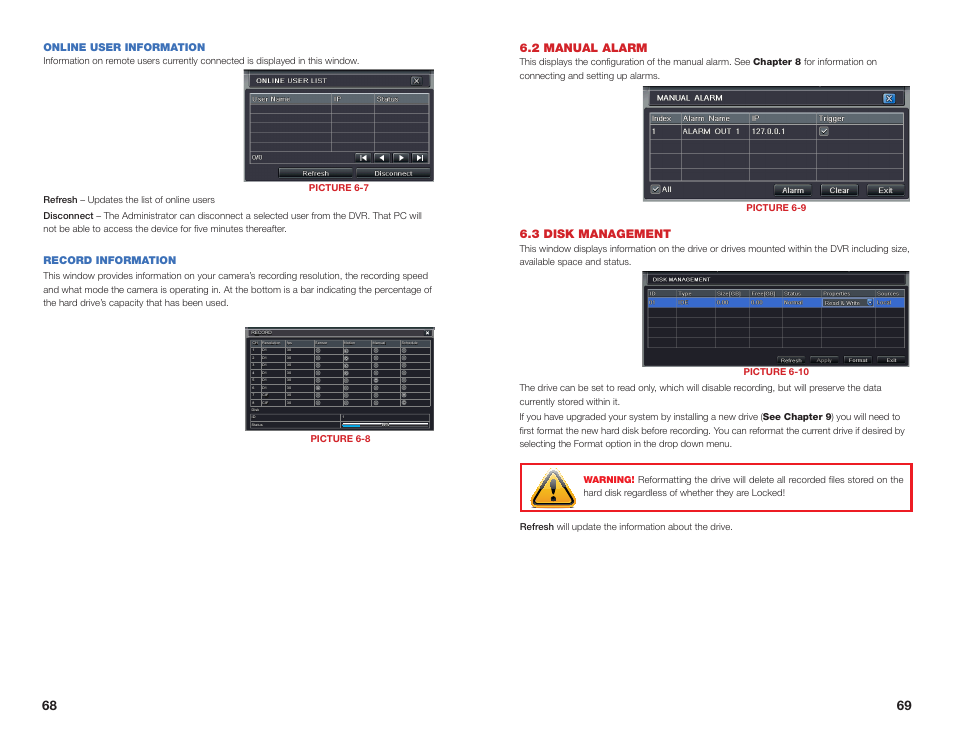 3 disk management, 2 manual alarm, Online user information | Record information | Q-See QSEE H264 User Manual | Page 35 / 49