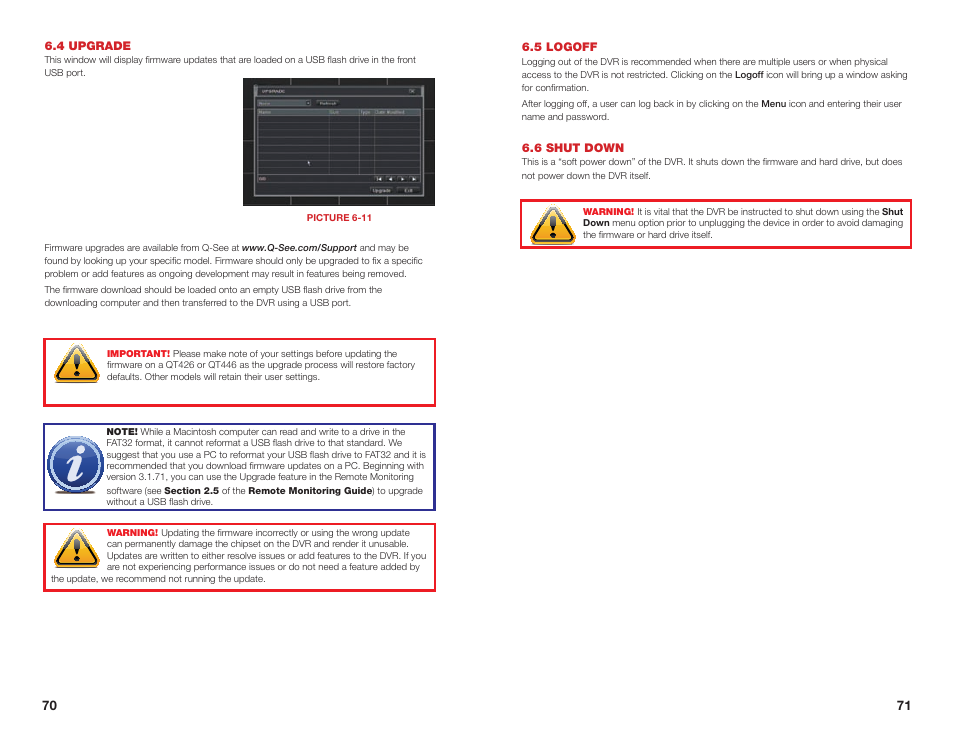 6 shut down, 5 logoff, 4 upgrade | Q-See QSEE H264 User Manual | Page 36 / 49