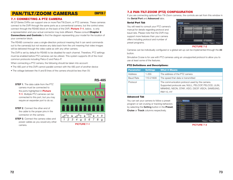 2 pan-tilt-zoom (ptz) configuration, 1 connecting a ptz camera, Pan/tilt/zoom cameras | Chapter 7, Rs-485, Picture 7-1 | Q-See QSEE H264 User Manual | Page 37 / 49