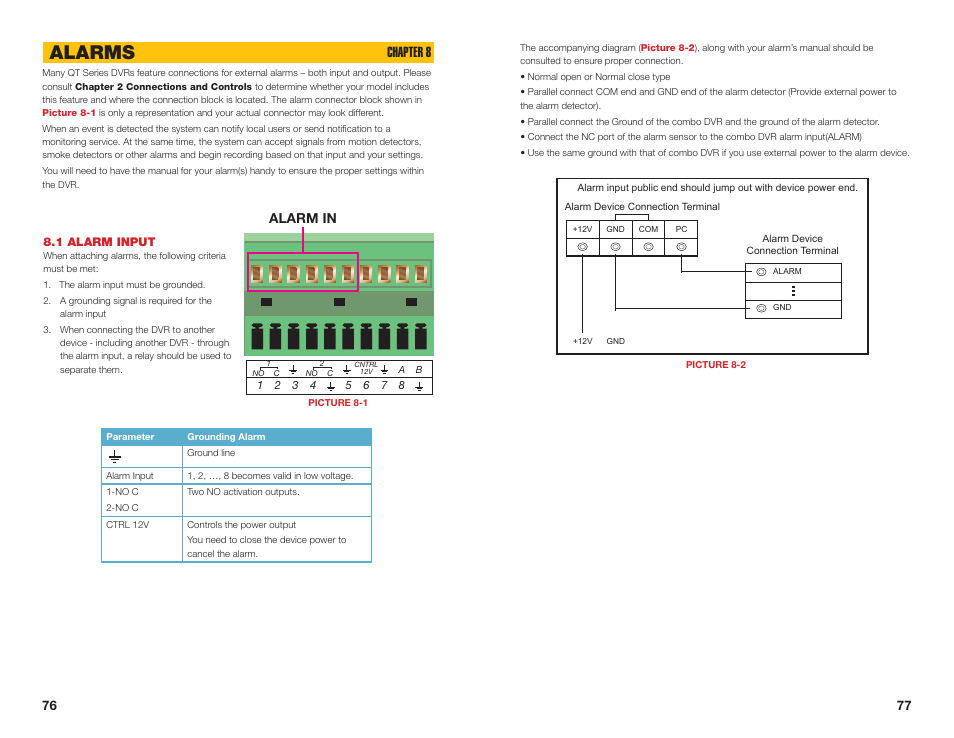 1 alarm input, Alarms, Chapter 8 | Alarm in | Q-See QSEE H264 User Manual | Page 39 / 49