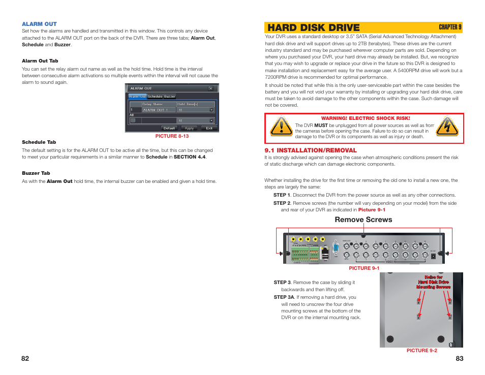 1 installation/removal, Alarm out, Hard disk drive | Chapter 9, Gnd com no sv remove screws | Q-See QSEE H264 User Manual | Page 42 / 49