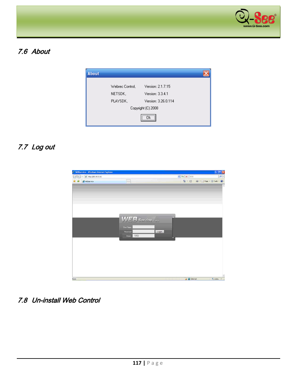 6 about, 7 log out, 8 un-install web control | Web operation | Q-See QC40198 User Manual | Page 126 / 141