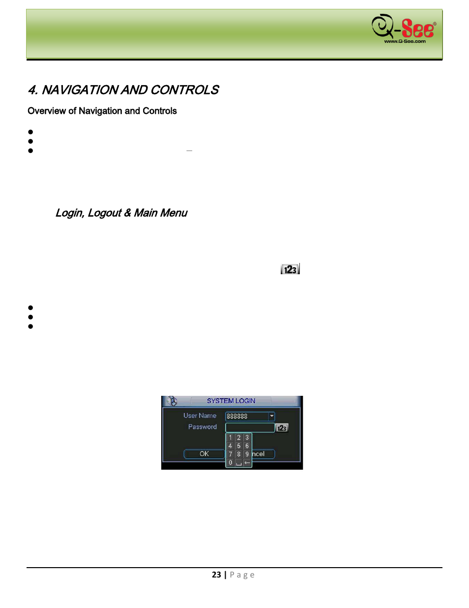 Navigation and controls, Login, logout & main menu, Login | Main menu | Q-See QC40198 User Manual | Page 32 / 141