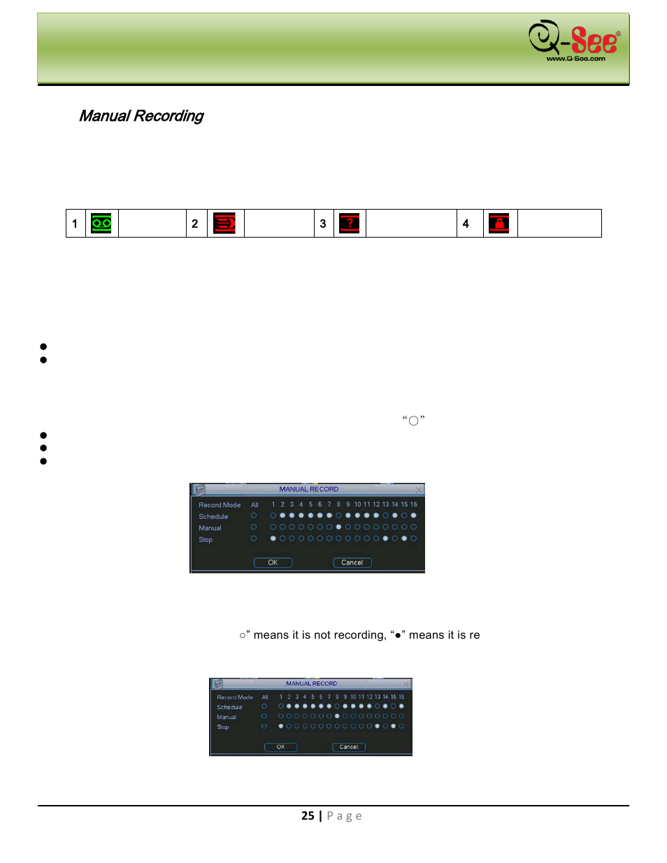 Manual recording, Live viewing, Manual record | Manual record menu, Basic operation, Enable/disable record, Navigation and controls | Q-See QC40198 User Manual | Page 34 / 141