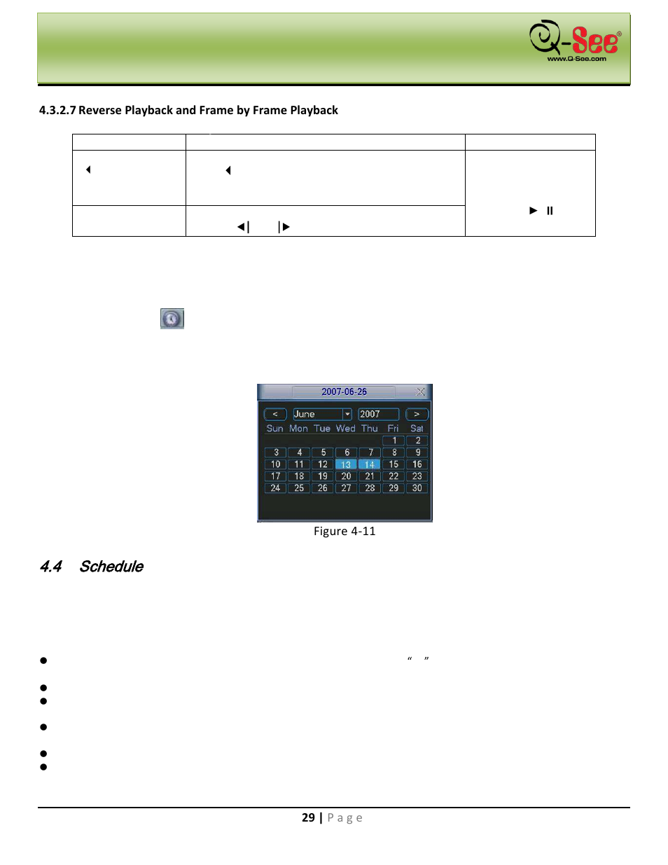 Calendar, Schedule, 1 schedule menu | Navigation and controls | Q-See QC40198 User Manual | Page 38 / 141
