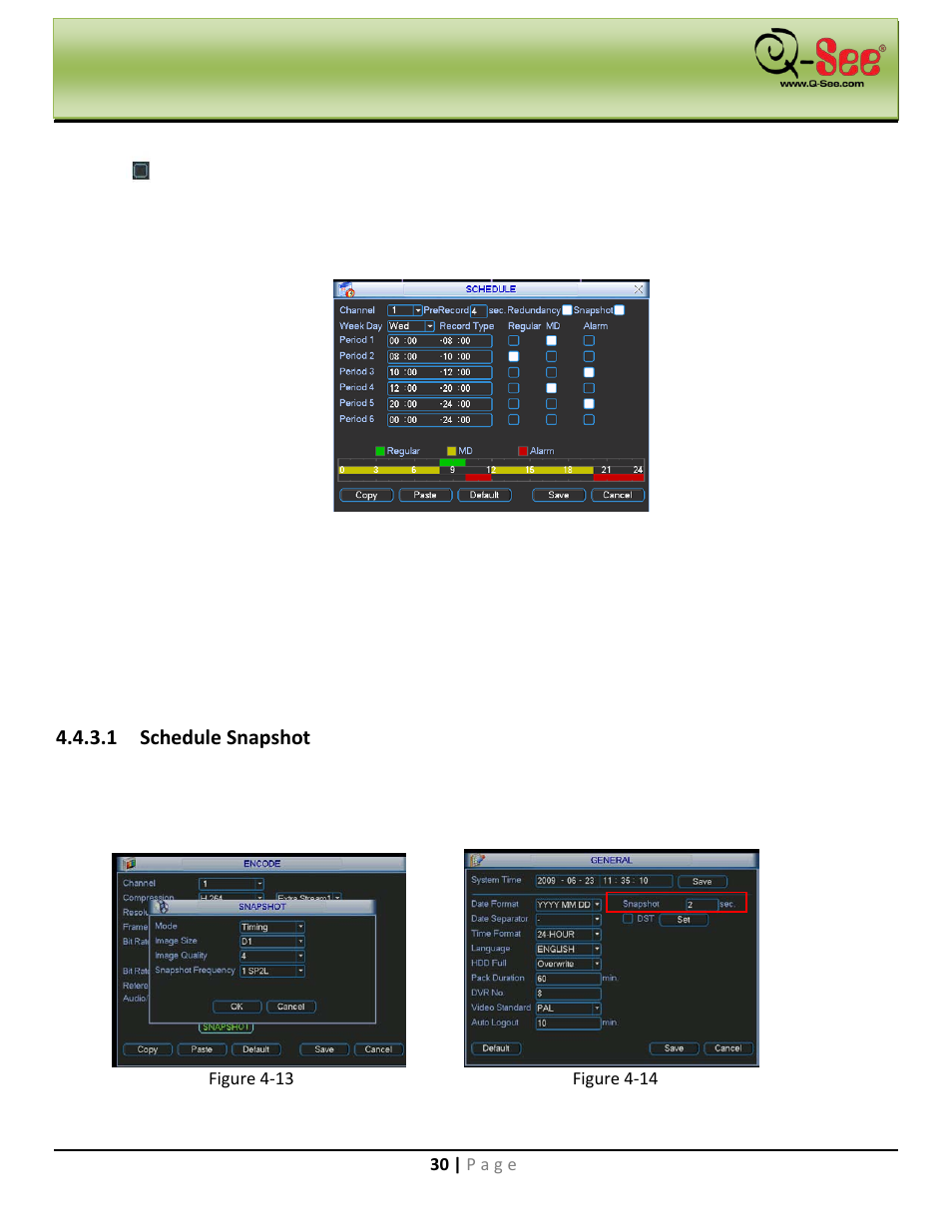 2 quick setup, Snapshot, Schedule snapshot | Navigation and controls | Q-See QC40198 User Manual | Page 39 / 141