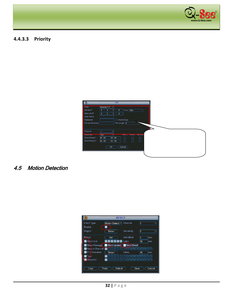 Priority, Image ftp, Motion detection | 1 go to detect menu, 2 motion detect, Navigation and controls | Q-See QC40198 User Manual | Page 41 / 141