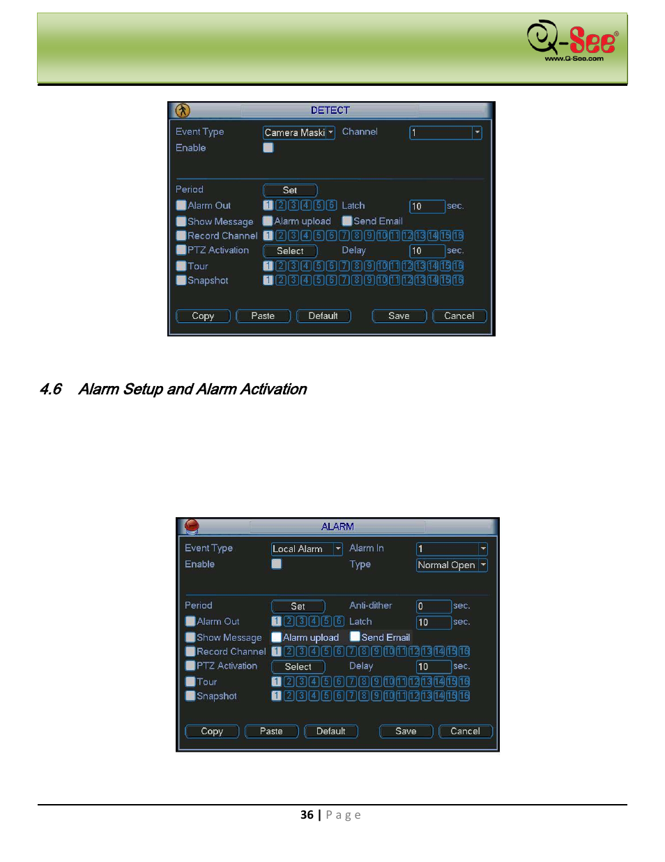 Alarm setup and alarm activation, Alarm setup, Navigation and controls | Q-See QC40198 User Manual | Page 45 / 141