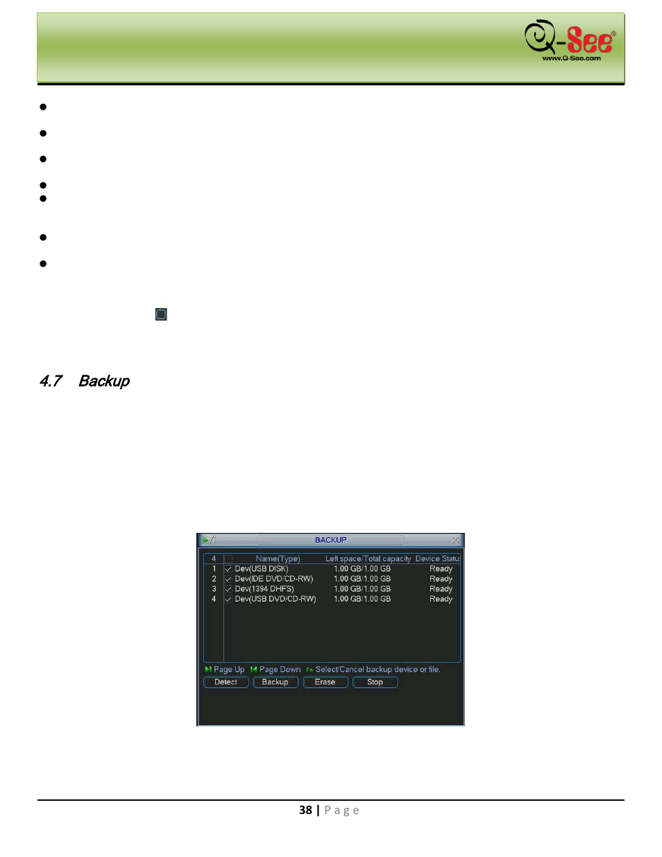 Backup, 1 detect device, Navigation and controls | Q-See QC40198 User Manual | Page 47 / 141