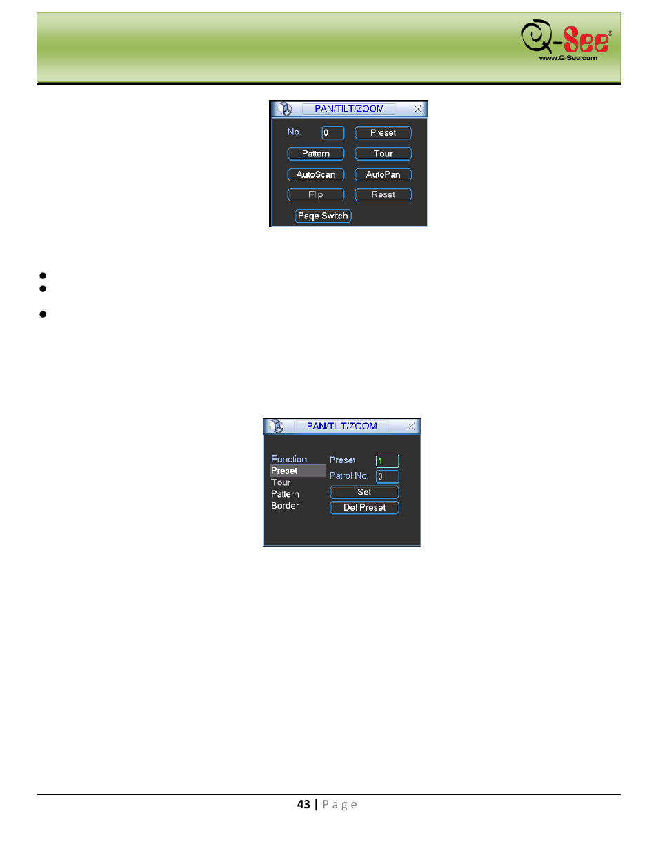 1 preset setup, 2 activate preset, 3 patrol setup (tour setup) | Navigation and controls | Q-See QC40198 User Manual | Page 52 / 141