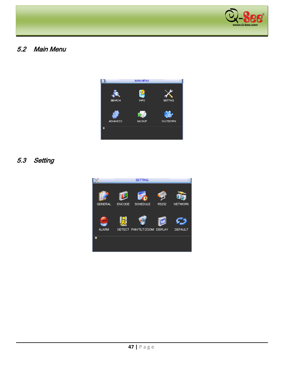 2 main menu, 3 setting, Main menu | Q-See QC40198 User Manual | Page 56 / 141