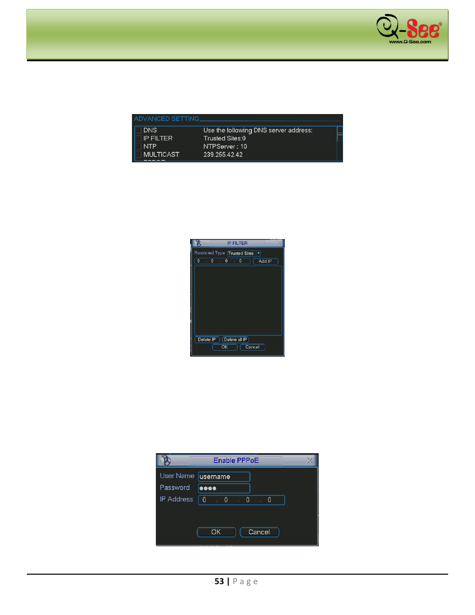 1 advanced network setup, Ip filter, Pppoe | Main menu | Q-See QC40198 User Manual | Page 62 / 141