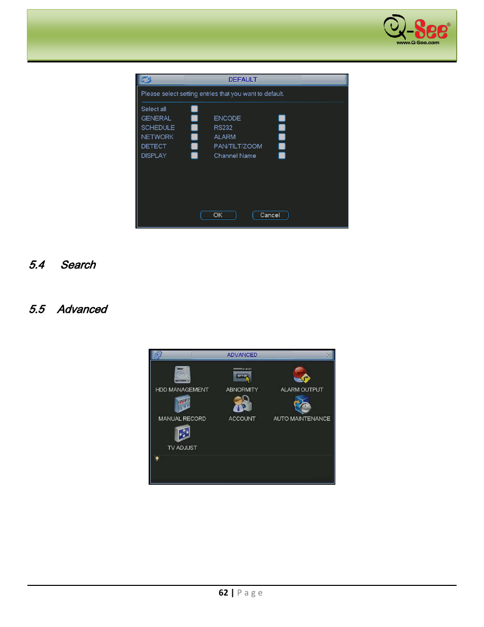 Search, Advanced, Main menu | Q-See QC40198 User Manual | Page 71 / 141