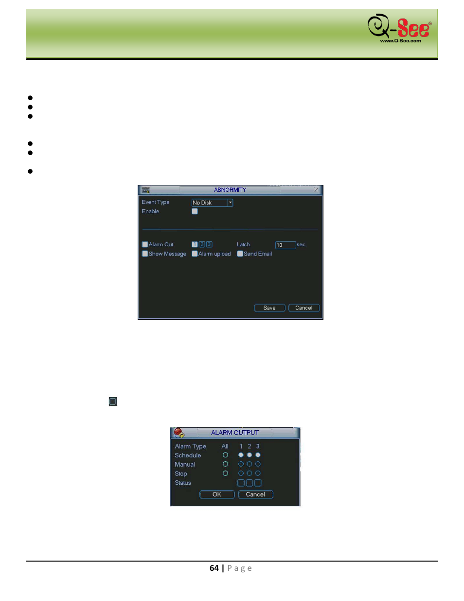 2 abnormity, Alarm output, Main menu | Q-See QC40198 User Manual | Page 73 / 141