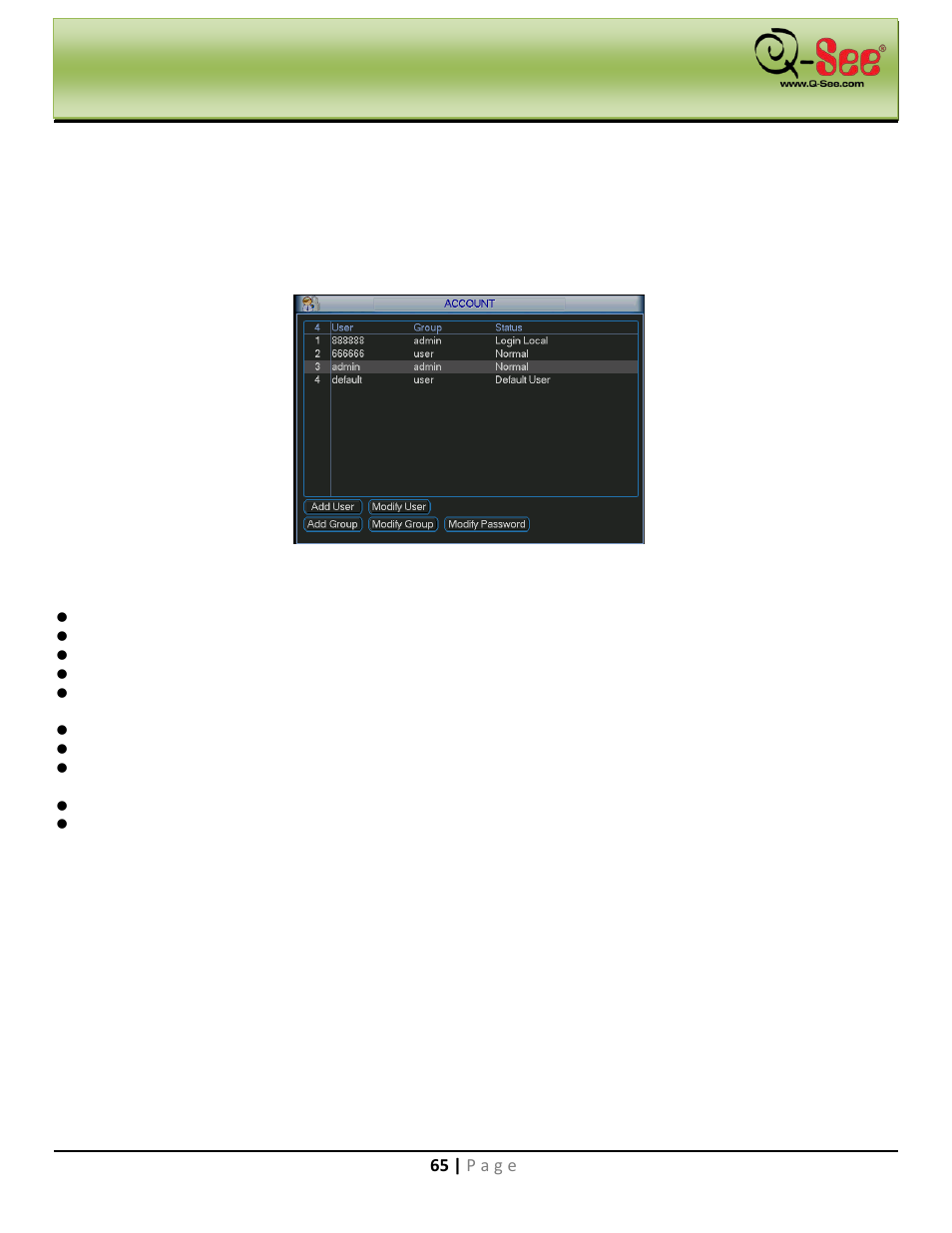 Manual record, Account, Main menu | Q-See QC40198 User Manual | Page 74 / 141