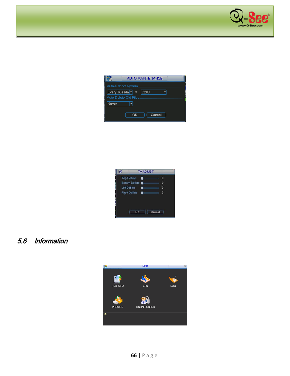 Auto maintain, Tv adjust, Information | Main menu | Q-See QC40198 User Manual | Page 75 / 141