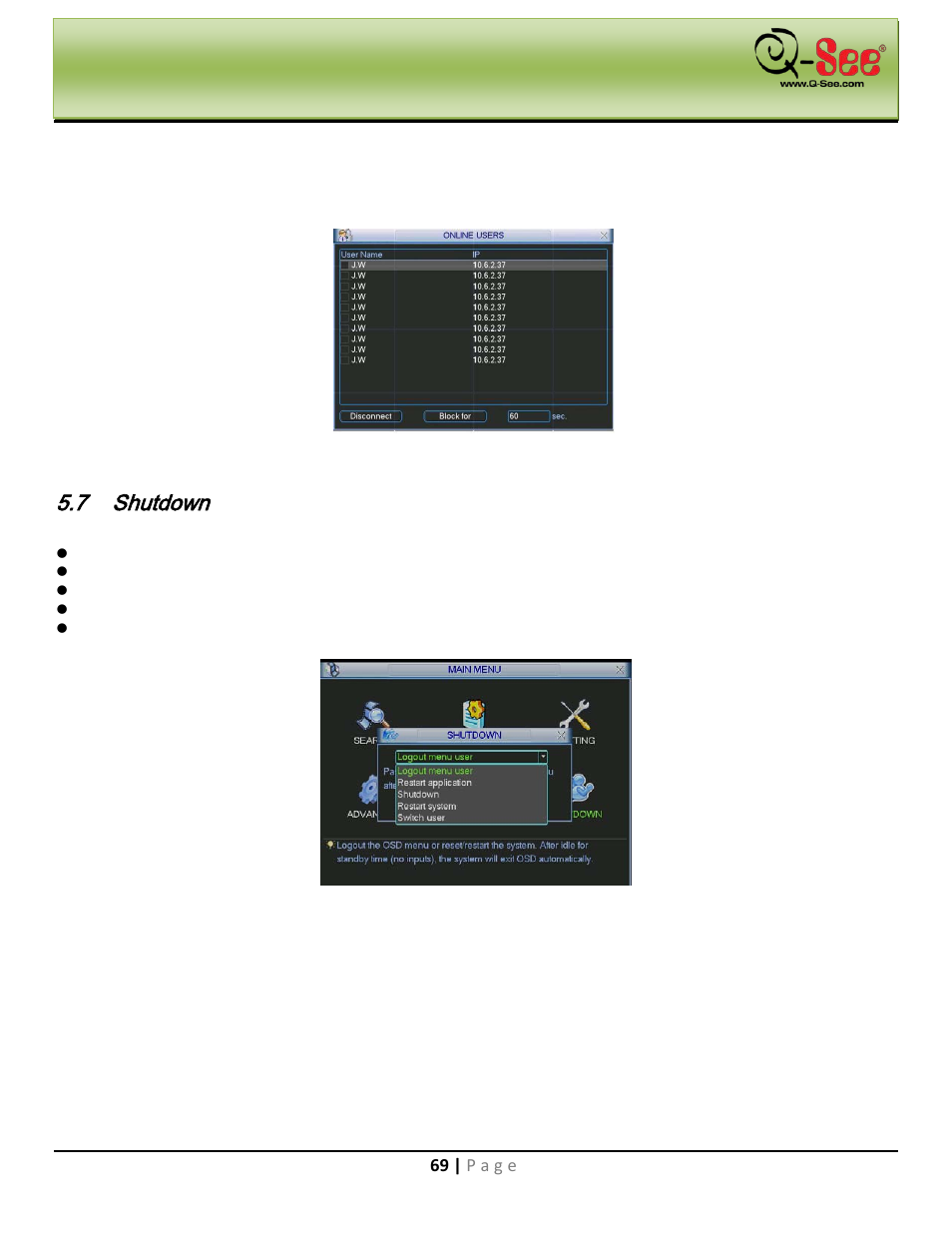 Online users, Shutdown, Main menu | Q-See QC40198 User Manual | Page 78 / 141